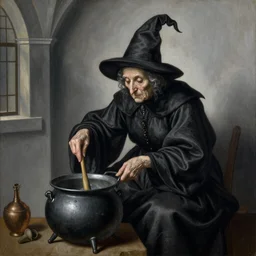 An old wrinkled witch dressed in black stirring her cauldron. El Greco, Remedios Varo, Salvador Dali, Carl Gustav Carus, John Atkinson Grimshaw. Blue tint. Symetrical, logo, geometric shapes.