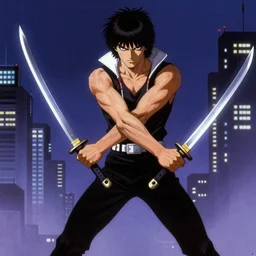 An android wielding two katanas in a cyberpunk setting by Frank Frazetta, Trending on Artstation, 1980s computer graphics,