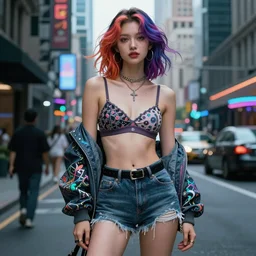 gorgeous woman with colorful hairs, wearing bra and shorts streetwear, cyberpunk city street, fashion photography, costume design, illustration, cinematic color grading, editorial photo, fashion, hyperrealism, trending on artstation, by charlie bowater and by wlop, detailed, intricate, elegant, vfx, postprocessing, octane render, 8 k