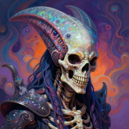 a psychedelic portrait of omin dran skeletal mind flayer aries, vibrant color scheme, highly detailed, in the style of romanticism, cinematic, artstation, moebius, buvs, greg rutkowski