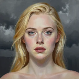 professional painting of Elle Fanning in the style of Michael Garmash, head and shoulders portrait, symmetrical facial features, smooth, sharp focus, illustration, intricate, stormy weather, extremely detailed masterpiece,