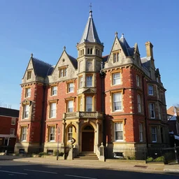 a large victorian college building in a town, blue sky, higjly detailed, sunny, volumetric, cinematic lighting, realistic, digital art by greg rutkowski