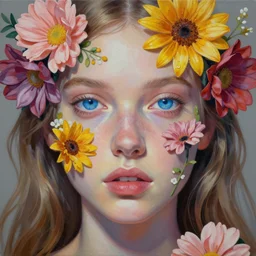 portrait of beautiful girl, blue eyes, covered in flowers by kilart, artgerm, 8 k, hyper detailed, hyper realism, acrylic paint, surrealism, smooth, sharp focus.