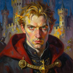a highly detailed painting of a male sorcerer with piercing eyes in bright vibrant and very detailed castle setting, dynamic light, ambient light, art by artgerm and karol bak and mark brooks and michael whelan