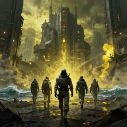 humans with protection suits walking in cyberpunk apocalypse doomsday city with yellow poison gas, post nuclear coastline, fantasy concept art, hyper realistic illustration, symetrical complex fine detail, 8 k, sinister, artstation, unreal engine,