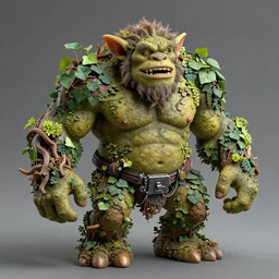 highly detailed photo of a muscular troll covered in plants ivy mud earth tree roots electronic wires