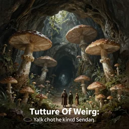 a medieval pilgrimage in a garden of giant fungus in a gigantic cavern deep underground, dark, realistic painting