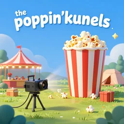 festival theme camp called the poppin'kernels, with giant popcorn and movie projector outdoors at night, carnival lighting, outdoor cinema