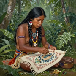 a beautiful painting of an indigenous shaman doing crafting of a beautiful fabric in the jungle, realistic, ayahuasca