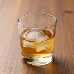 a realistic photograph of a glass of whiskey on a wooden table, ice. ultra hd