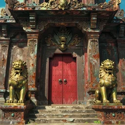 establishing shot, memorable animation key shot of a the great winged lion temple, ultra wide, red door, stone steps, symmetrical brass lion statues, sunlight, ornate, rust, art deco, metal rivets, by ghibli, shinji kimura, background art, fantastic architecture, cinematic lighting