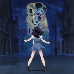 anime frames, anime visual, full body portrait of a young woman in the medieval city square looking at the fantasy palace in the distance, cute face by ilya kuvshinov, alphonse mucha, dynamic pose, dynamic perspective, rounded eyes, moody, psycho pass, kyoani, gustav klimt, yoh yoshinari. dark blue tint