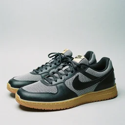 a studio photoshoot of Nike ACG sneakers designed by Tom Sachs, leather with knitted mesh material, gum rubber outsole, realistic, color film photography by Tlyer Mitchell, 35 mm, graflex