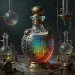 a painting of a steampunk navy colored potion bottle in a dark dusty vintage science lab, by h. r. giger, hyperrealistic fantasy art, concept matte, ethereal, dreamy, digital art, trending on artstation, volumetric cinematic lighting
