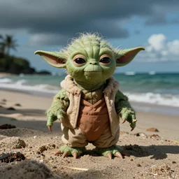 a photo of yoda in a swimsuit at the beach
