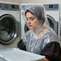 a woman wearing a hood made of wire and plastic, in a laundry mat, color photograph, by caravaggio, canon eos c 3 0 0, ƒ 1. 8, 3 5 mm, 8 k, medium - format print