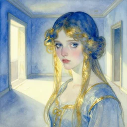 close up of a girl in a blue and gold haunted liminal abandoned room, watercolor by edward hopper, by gottfried helnwein, by hammershøi, art noveau, highly detailed, strong lights, liminal, eerie, bright pastel colors,