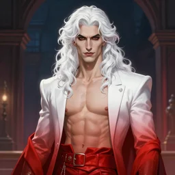 portrait of a beautiful young fit male vampire with long curly hairs, dressed with expensive clothes, by greg rutkowski and alphonse mucha, d & d character, gradient white to red, modern nocturnal background, highly detailed portrait, digital painting, artstation, concept art, smooth, sharp focus ilustration, artstation hq