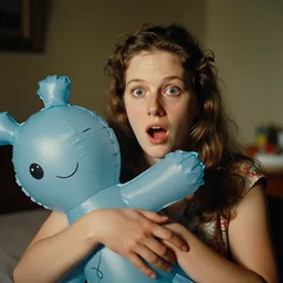 surprised woman who has given birth to an inflatable toy, Agnes Varda film, archival footage, technicolor film expired film, 16mm