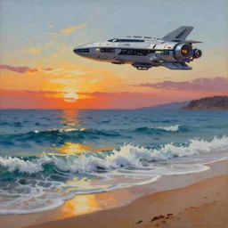 popular decorative art oil painting with contrasting composition, sunset with sea waves on beach with detailed high tech spaceship in sky over sea, millennium