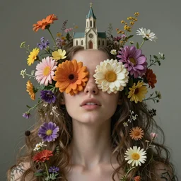 a surreal woman portrait with the eyes covered by flowers blooming, her hair covered by fantasy mystic fowwers, and hear head covered in a form of a church, fantasy conceptual art, trending on artstation, hyperdetailed