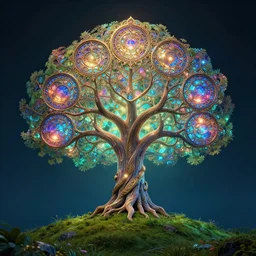 magical chromatic glowing tree of life in a hill, centralized, ethereal, rich, fantasy, smooth, sharp focus, high detailed digital art, ultra wide shot, lush colors, in the style of bob ross and hans zatzka, highly realistic, exquisite ornate metal gothic icon heavy patina, delicate, the secret of nihm