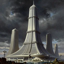 asimov distant future nyc arcology skyscraper by syd mead, frank frazetta, ken kelly, simon bisley, richard corben, william - adolphe bouguereau