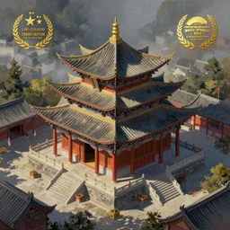 isometric view of traditional chinese temple in yunnan, digital oil painting