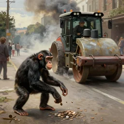 a chimpanzee picking up pennies in a street while a steamroller is headed towards him, by john singer sargent, dramatic lighting, highly detailed digital painting