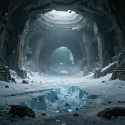 a vast and epic ancient interior of an alien city buried with in a glacier deep in the mountains of antarctica, moody and lonely