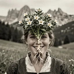 alpine _ female farmers _ head _ being _ overgrown _ by _ edelweiss _ roots growing from face _ dolomites _ smiling _ dark _ vintage photography _ eerie _ despair _ portrait _ photography _ artstation _ digital _ art _ adward _ winning _ smiling