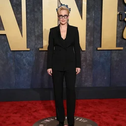 photo of a gorgeous Gillian Anderson (1950) cyberpunk hairstyle nerdy glasses by Mario Testino, detailed, full body shot, award winning, Sony a7R