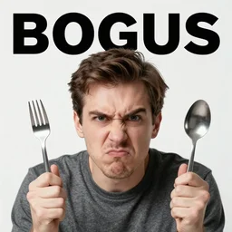 A angry man holding a fork and an spoon looking into the camera with the top text BOGUS, stock photo, reddit meme, Realistic