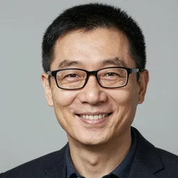 portrait of a chinese man with glasses, smiling, by shaun tan