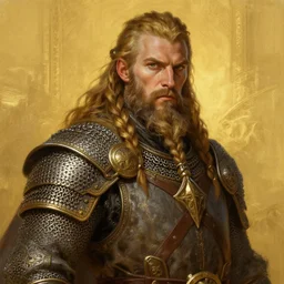 painted portrait of ruggedly handsome dwarven warrior by greg rutkowski gaston bussiere [ in chainmail ] focused on face, muscular physique masculine manly, flowing robe, braided beard, fantasy intricate elegant detailed digital painting concept art artstation sharp focus illustration gold paint
