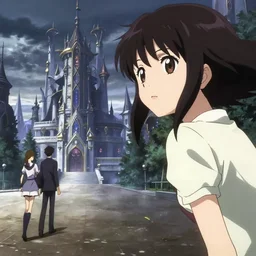 anime visual, portrait of a young woman outside in the city square looking at the fantasy palace in the distance, cute face by ilya kuvshinov, yoh yoshinari, dynamic pose, dynamic perspective, rounded eyes, moody, psycho pass, kyoani, paprika