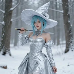 beautiful female with light pastel blue hair, holding a dagger, wearing a silver dress with intricate small details, wide brimmed pointed hat, snow forest, snow, particles, misty, highly detailed, detailed illustration, art by wlop and guweiz, artstation, deviantart