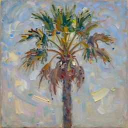 oil paint impasto relief, painting of a palm tree in italy, multi layered thick brush marks, some splattered paint, in the style of monet and frank auerbach