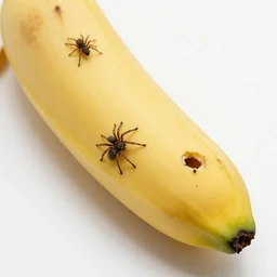 a mutated banana with holes in it, there are spiders crawling out of the holes, close up shot.