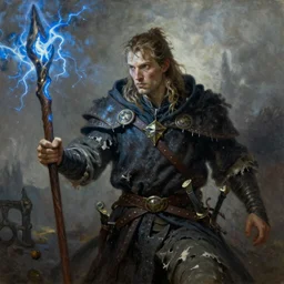 portrait of a battle worn wizard with torn robes after a duel, smoke rising in the distance as blue electricity shoots from his wooden staff, oil on canvass trending on artstation