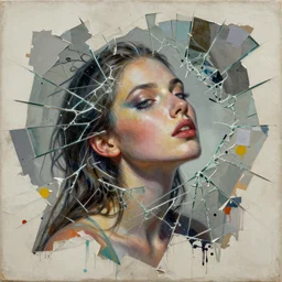 female celestial languid extasy detailed analogue mixed collage with canvas texture in style of contemporary art, punk art, realistic beautiful face, photorealism, expressionism, masterpiece, perfect composition, spectacular quality, intricate oil details, broken glass photo, torn paper intricate texture