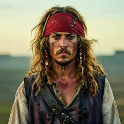 photo portrait of an rugged strong albino african pirate with a red headband | brown brown!!!!! vest | young adult, thin blonde mustache, big big afro blonde hair, stern face, rugged and dirty, cinematic lighting at sundawn, movie color grading
