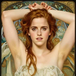 photography emma watson with hands - up and hairy armpits, deep focus, intricate, elegant, highly detailed, digital painting, artstation, concept art, matte, sharp focus, illustration, art by artgerm and greg rutkowski and alphonse mucha and gil elvgren