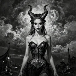 By Tom Bagshaw, ultra realist soft painting of curiosities cyberpunk carnival by night, very beautiful horned single female gothic corset , symmetry accurate features, very intricate details, ominous sky, black and white, volumetric light clouds
