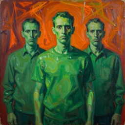 men in green, blurred, grotesque, synthetic polymer paint on linen, doomed, acrylic paint, high resolution, gouache on canvas, vibrant colors, grotesque, wrapped thermal background, art francis bacon