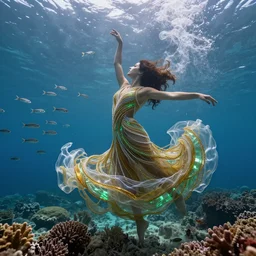 woman dancing and spinning underwater wearing a long dress made of many layers of translucent gold and green beads flowing in the fast current, coral sea bottom, swirling schools of silver fish, swirling smoke shapes, octane render, caustics lighting from above, cinematic, hyperdetailed
