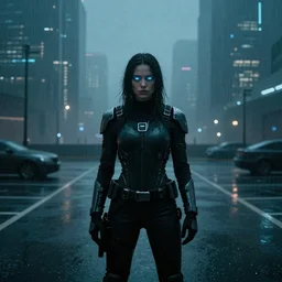 Cinematic wide shot of an intense model with glowing irises wearing futuristic Militech gear in a rainy parking lot, lights of mega buildings visible through the fog in the distance. Haunting atmospheric cyberpunk. Iconic movie still, 85mm anamorphic lens.