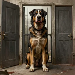 big evil dog with blood on face staying on bottom legs in full height near closed doors with big gate value, concept art, trending on artstation, highly detailed, intricate, sharp focus, digital art, 8 k