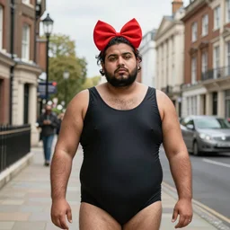 fat hairy indian guy looking drunk in Cambridge UK city centre wearing a leotard and big red bow in his hair
