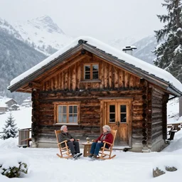 old couple in rocking chairs living in old wooden chalet built in snowy mountains, snowing, trees, hyperdetailed, artstation, cgsociety, 8 k